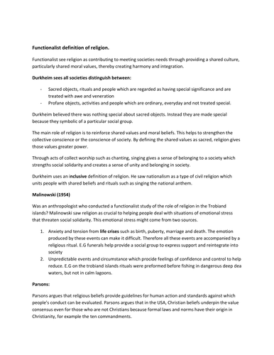 Beliefs in society - Summary notes on the theories of religion