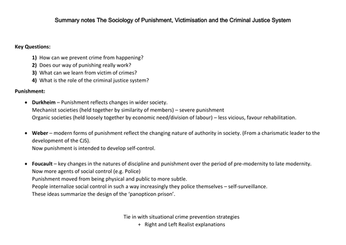 Summary notes on the Sociology of Crime - Punishment, Victimology and the criminal justice system