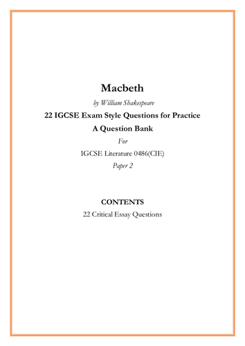 Macbeth  by William Shakespeare 22 IGCSE Exam Style Critical Essay Questions for Practice