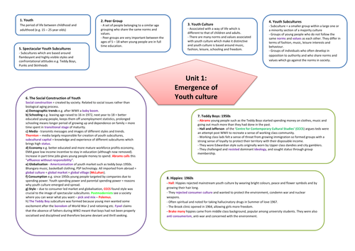 OCR Sociology: Youth Subcultures A3 Revision Sheets and Essay Guidance