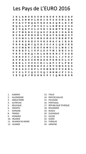 Euro 2016 countries wordsearch and crossword