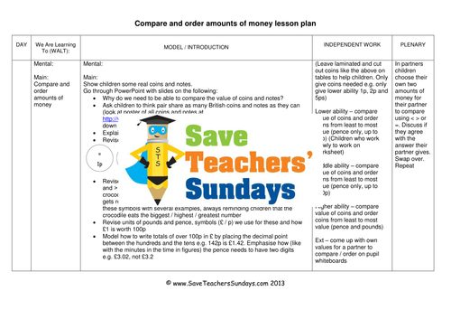 Comparing and Ordering Amounts of Money KS1 Worksheets, Lesson Plans and PowerPoint 
