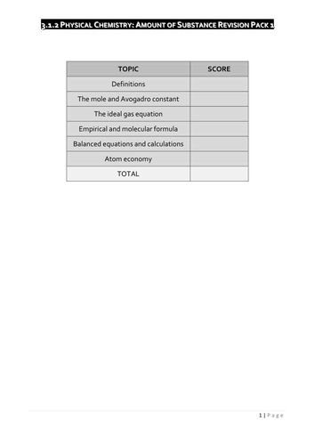 AQA AS/Year 1 A-Level Chemistry Amount of Substance (3.1.2) Revision Pack