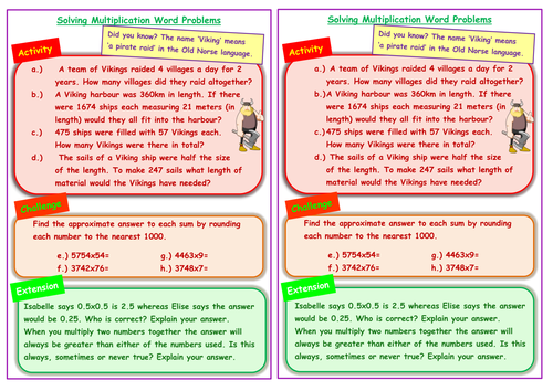 Viking themed multiplication word problems involving rounding ThHTU x TU / U  - KS2 Year 5 / 6