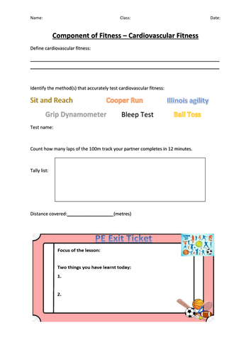 Cardiovascular fitness - Cooper Run Worksheet