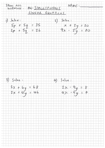 KS4 Simulataneous Equations Homework Worksheet