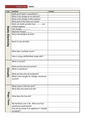 OCR gateway Additional Science P4 revision quiz/questions/worksheet