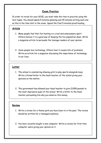 English Lanague WJEC - Unit 2 Section B - Text Type Practice Tasks - Revision