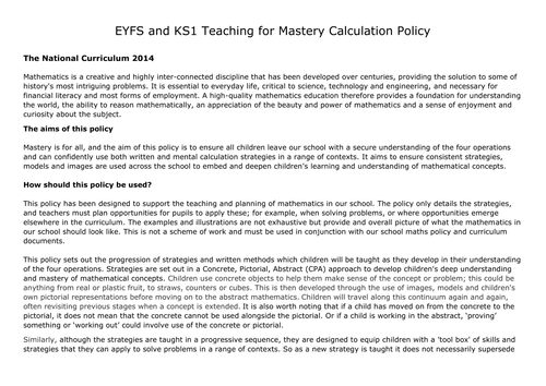 EYFS and KS1 Calculation Policy - Teaching for Mastery