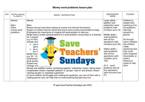 Money - Word Problems KS1 Worksheets, Lesson Plans and PowerPoint and Answer frame