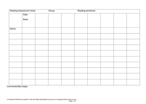 Easy to use reading assessment sheet