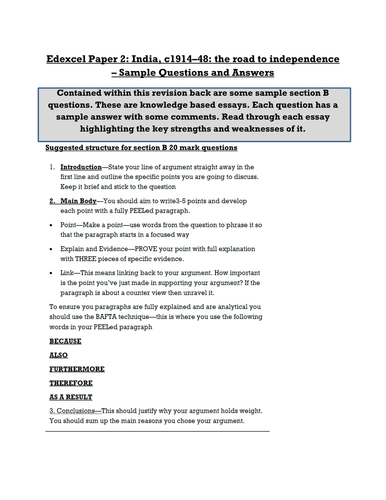 Edexcel Paper 2: India, c1914–48: the road to independence - Sample questions and answers