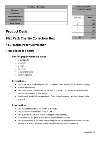 AQA 2016 PRODUCT DESIGN PRACTICE PAPER - Flat-pack charity collection boxes