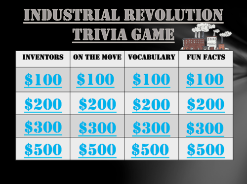 Industrial Revolution Jeopardy Trivia Game Fun Stuff!  Cotton Gin, Steam Engine, and more!
