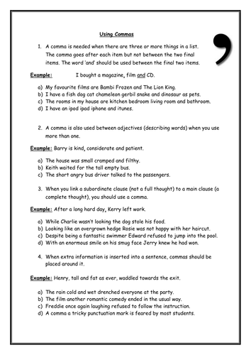 Free printable comma worksheets picture