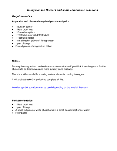 Chemistry Combustion Reactions at GCSE (pre-GCSE) level