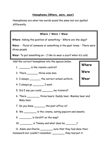 Homophones worksheet - Where, were, wear and are and our - Literacy
