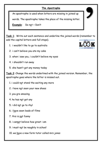 Apostrophe of Omission Worksheet - English and Literacy