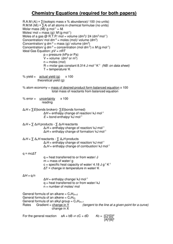 OCR A Chemistry First year equations summary