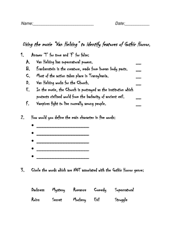 Van Helsing (2004) based worksheet