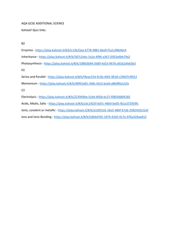 AQA GCSE Additional Science Revision  - Kahoot Quizzes
