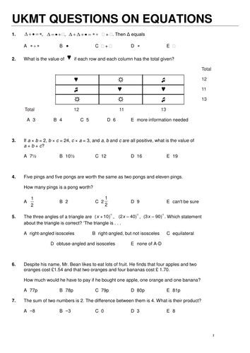 UKMT questions on Equations