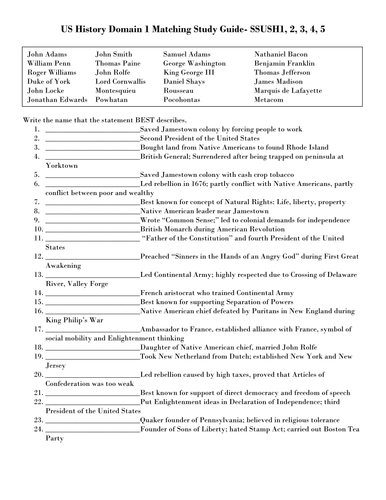 Georgia Milestones US History  Matching Study Guide