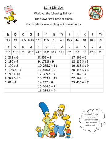 Long Division with Decimal Answers Codebreaker by missblilley