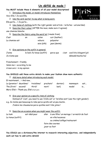 Fashion show 'un defilé de mode' helpsheet