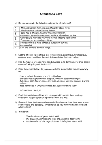 Attitudes to Love - pre-reading Shakespeare task