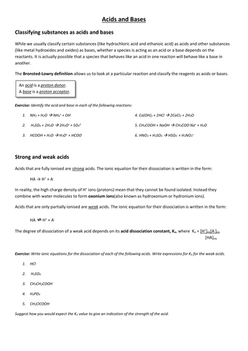 A-Level Acids and Bases Notes and Exercises calculating pH