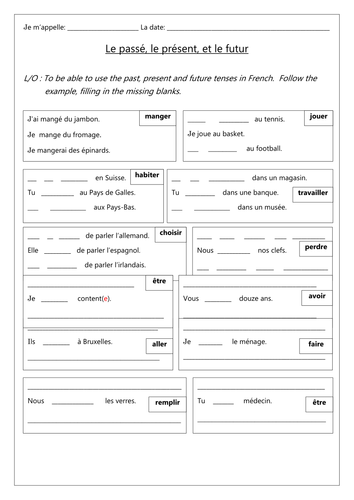 FRENCH - Le Passé, Le Présent et Le Futur tenses - Revision - worksheets