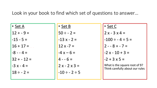 Differentiated Negative Number Starter