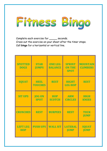 Fitness Bingo - Fitness Components Game - Healthy Active Lifestyle