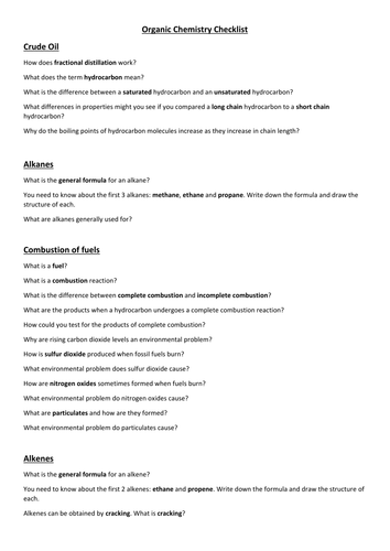 GCSE Organic Chemistry Checklist