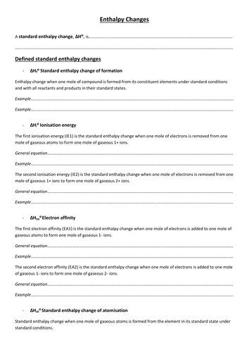A-Level Enthalpy Changes Definitions