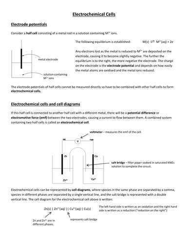 A-Level Electrochemical Cells Introductory Notes