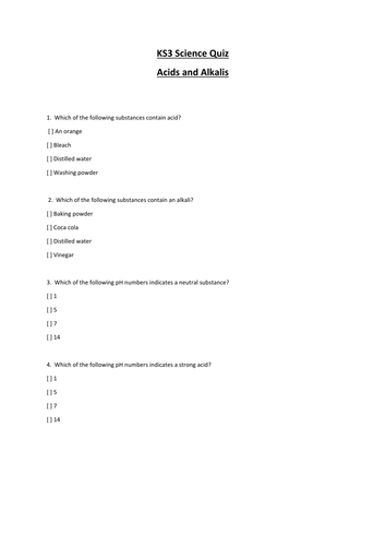 KS3 Acids and Alkalis Science Quiz