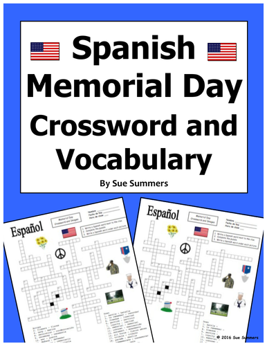 Spanish Memorial Day Crossword Puzzle Worksheet & Vocabulary USA