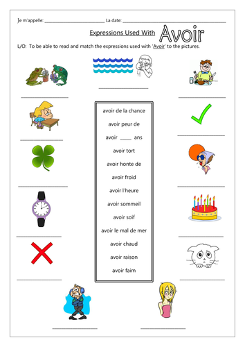 FRENCH - Expressions used with AVOIR - Worksheets