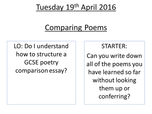 Simple lesson to introduce KS4 students to comparing poems for new GCSE