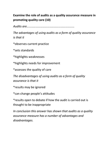 Unit 7 meeting individual needs - Topic 9 - Quality assurance exemplar answer activity
