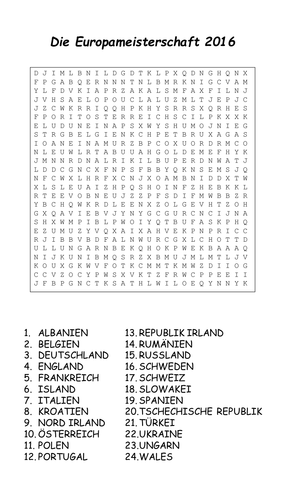Euro 2016 - countries - wordsearch and crossword
