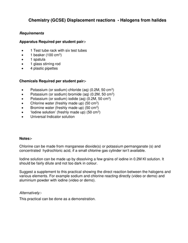 Chemistry (GCSE) Displacement reactions Halogens from halides