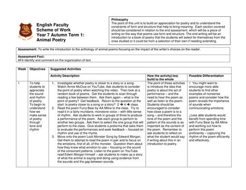 Year 7 animal poetry scheme of work