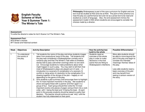 Year 8 Scheme of work Winter's Tale