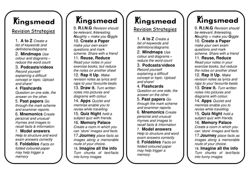 Revision Strateiges Bookmark forKS3/ KS4/KS5