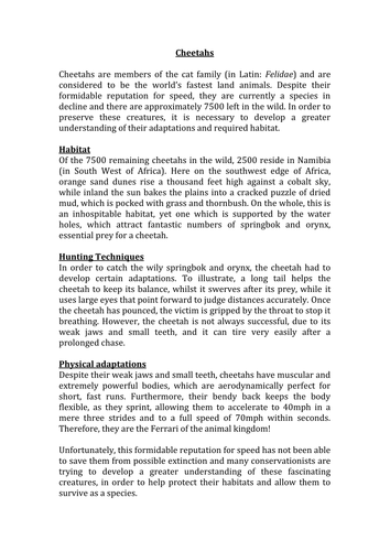 Non-chronological report - cheetahs