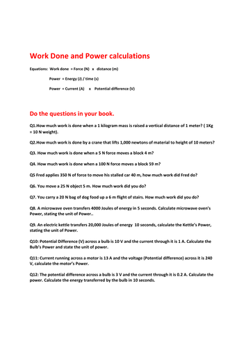 Power and Work done worksheet