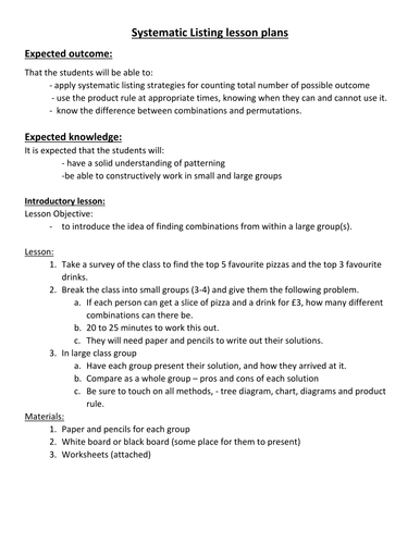 Systematic Listing (tree diagrams) Lesson plans